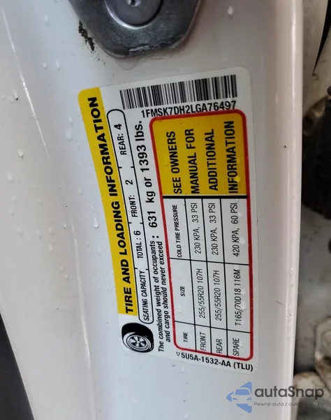 2020 Ford Explorer Xlt z USA, uszkodzony, nr VIN 1FMSK7DH2LGA76497